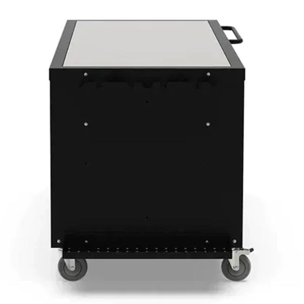 Outdoor cooking station with black cabinet, flat top, and caster wheels