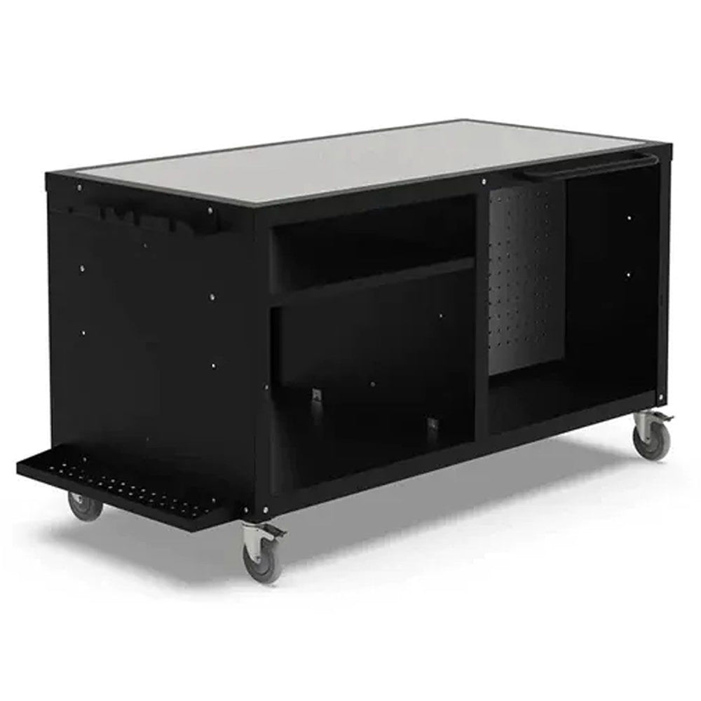 Outdoor cooking station with black cabinet, open side compartment, and caster wheels