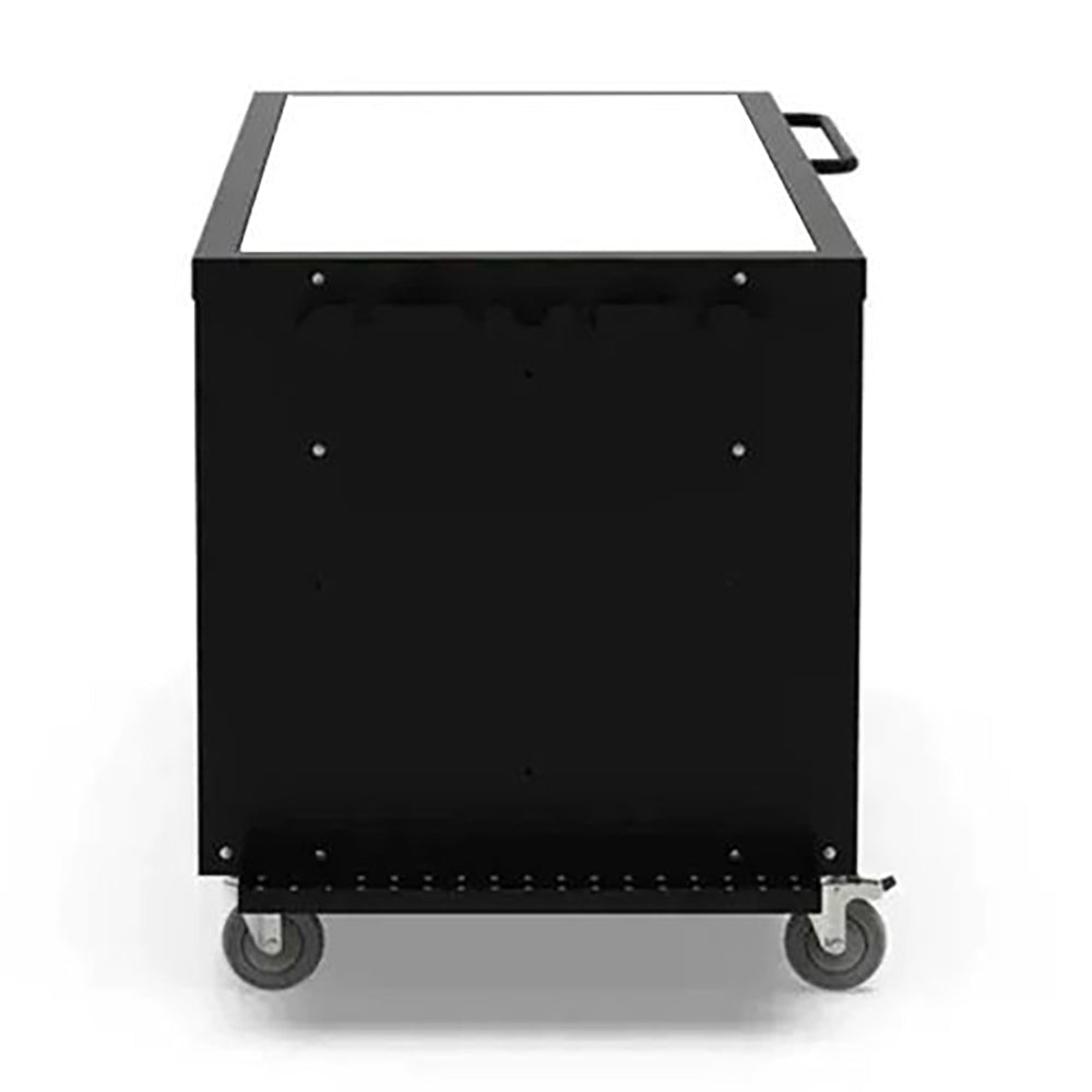 Outdoor cooking station with black cabinet, flat top, and caster wheels