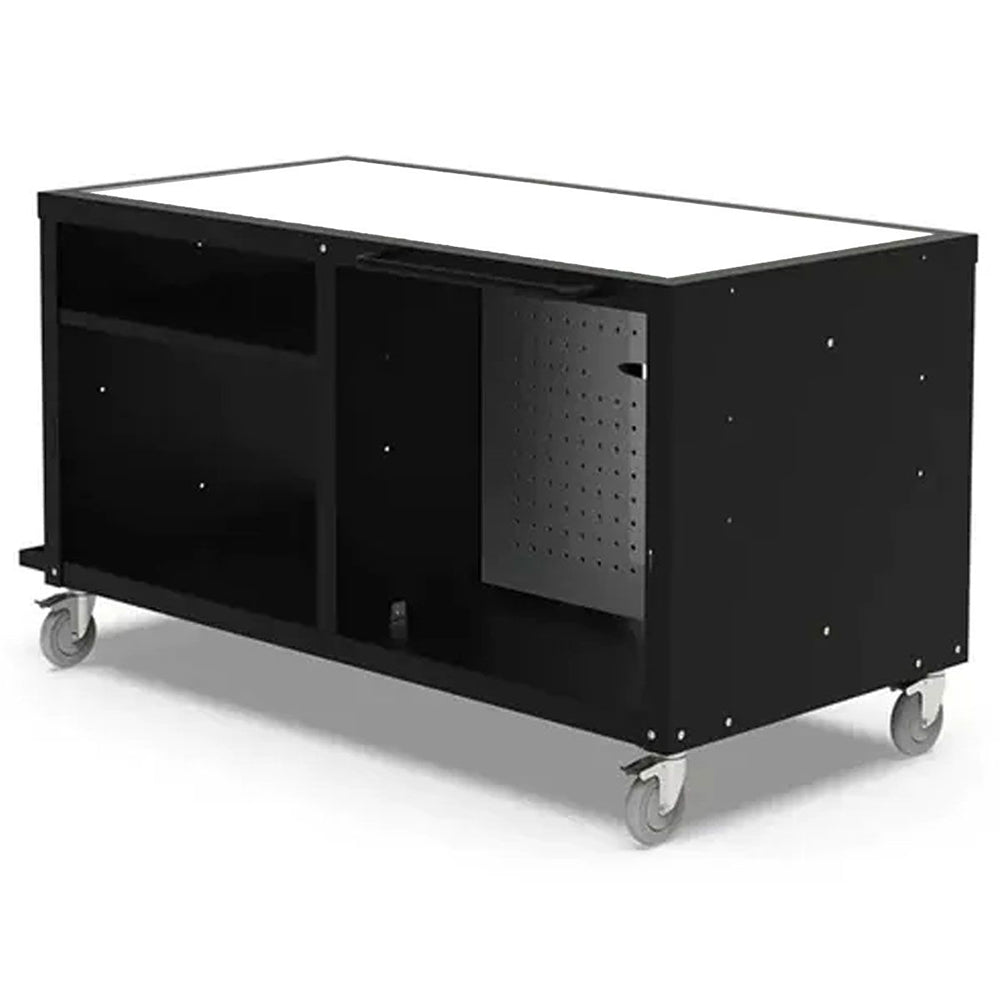 Outdoor cooking station with black cabinet, side door panel, and perforated work area