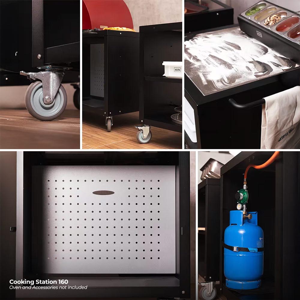 Outdoor cooking station with perforated oven back panel and enclosed storage area