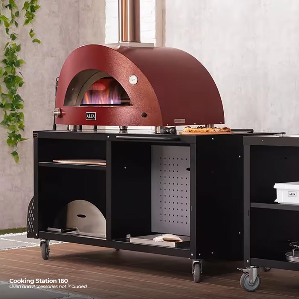 Outdoor cooking station with red dome pizza oven, black cabinet, and caster base