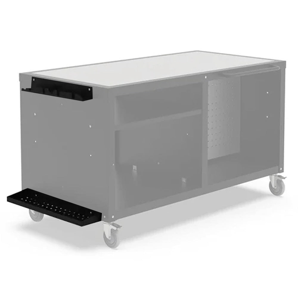Gray rolling cart panel with black peel holder tray and mounting brackets