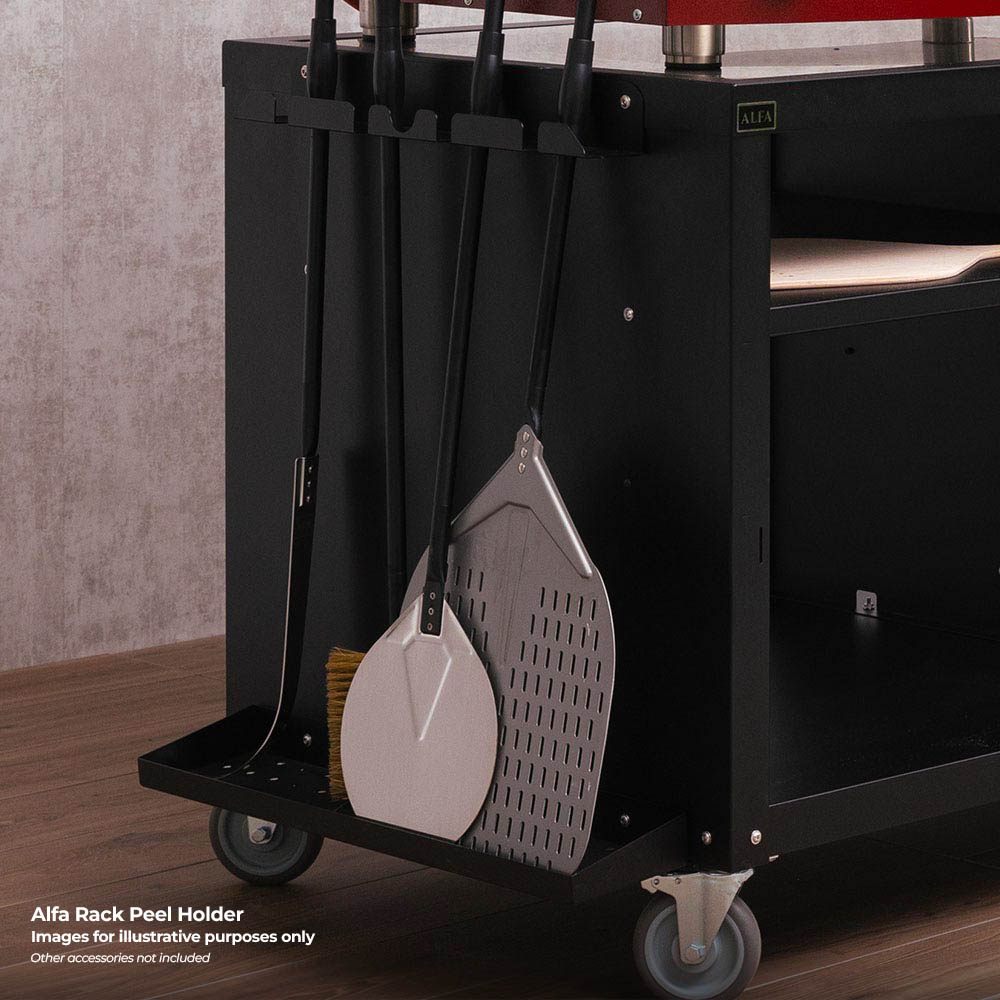 Black rack peel holder with two mounted white perforated peel tools and brush