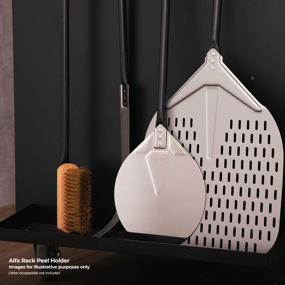 Black rack with white perforated peel tools and dust-pan style insert