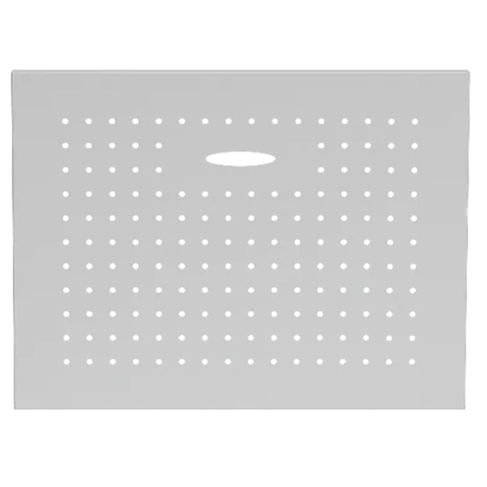 Alfa gas tank cover, gray rectangular panel with perforated hole grid and oval opening