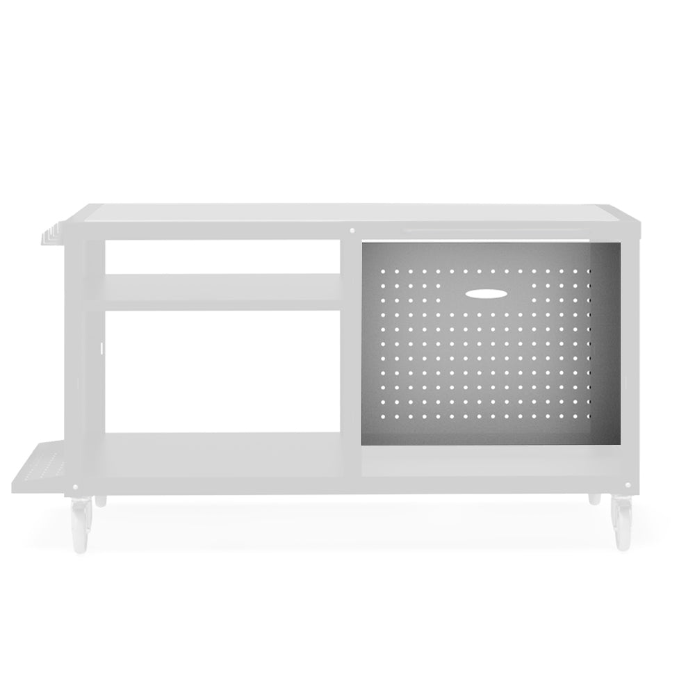 Light gray metal gas tank cover with perforated door and open front panel