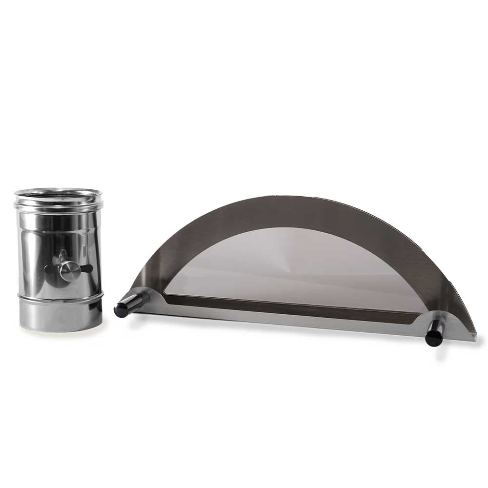 Low and slow pizza oven kit with stainless steel chimney and arched heat deflector