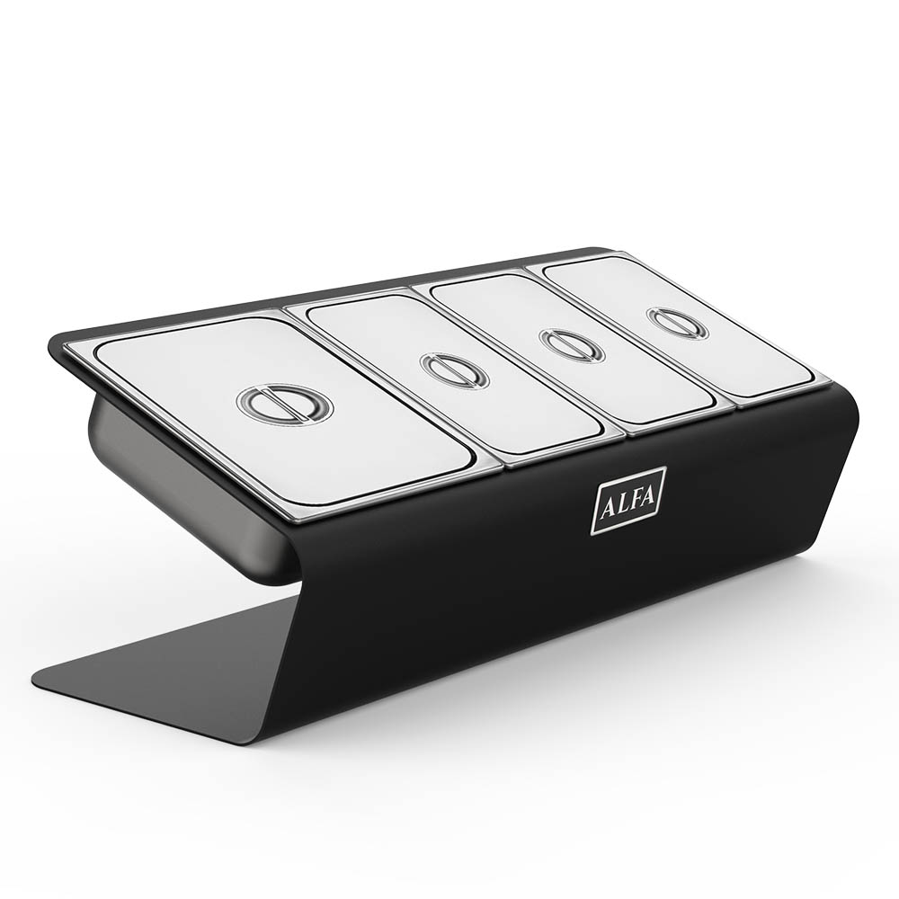 Black topping station with five white insert trays and circular lid openings