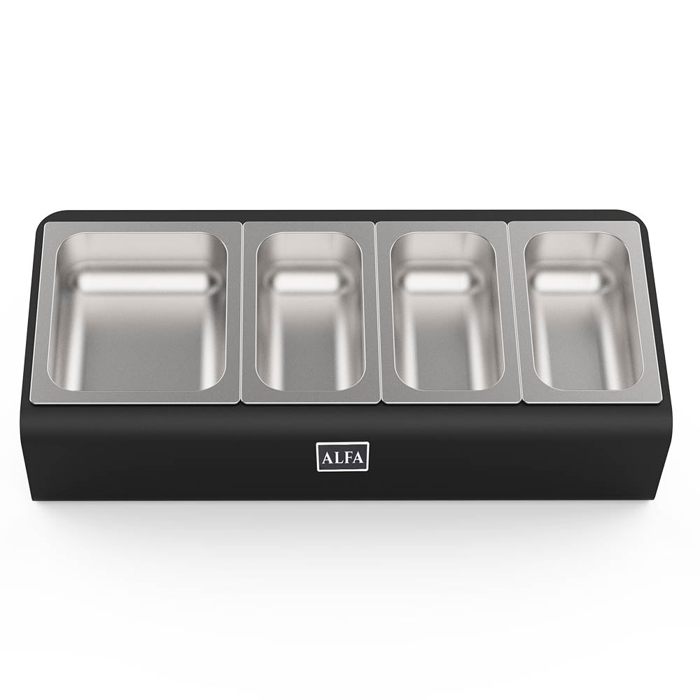 Alfa topping station with four stainless serving wells on a black base