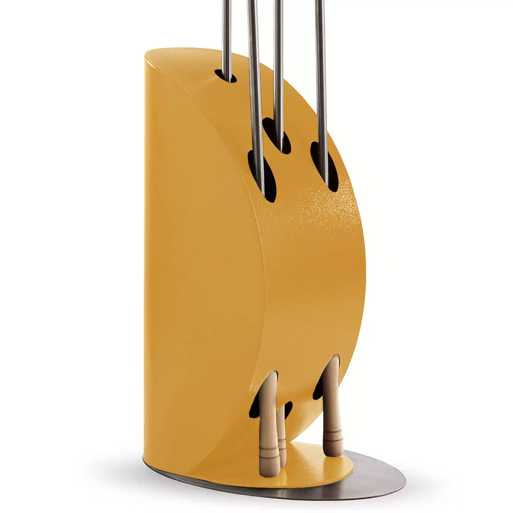 Imperial yellow pizza peel holder with three hanging peels on metal stand