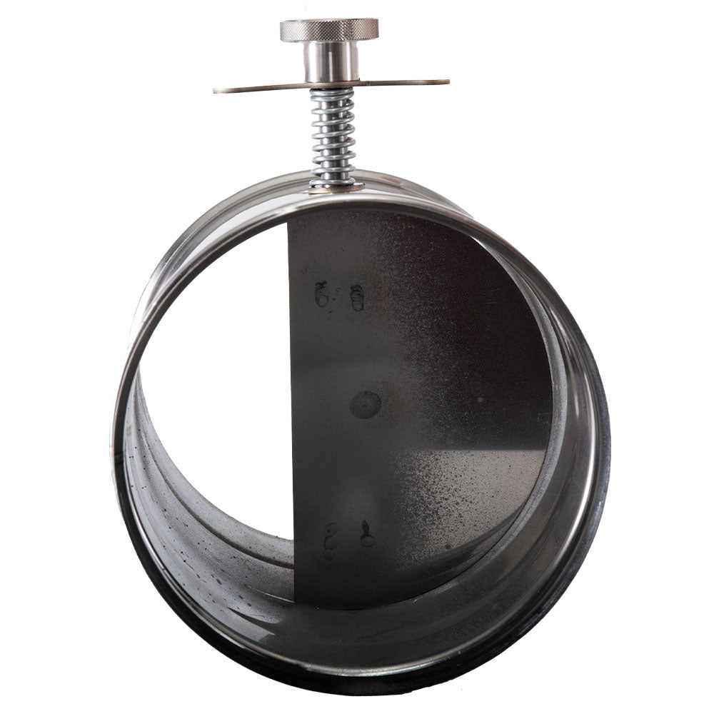 Chimney butterfly damper valve with threaded rod and black damper plate, partially closed