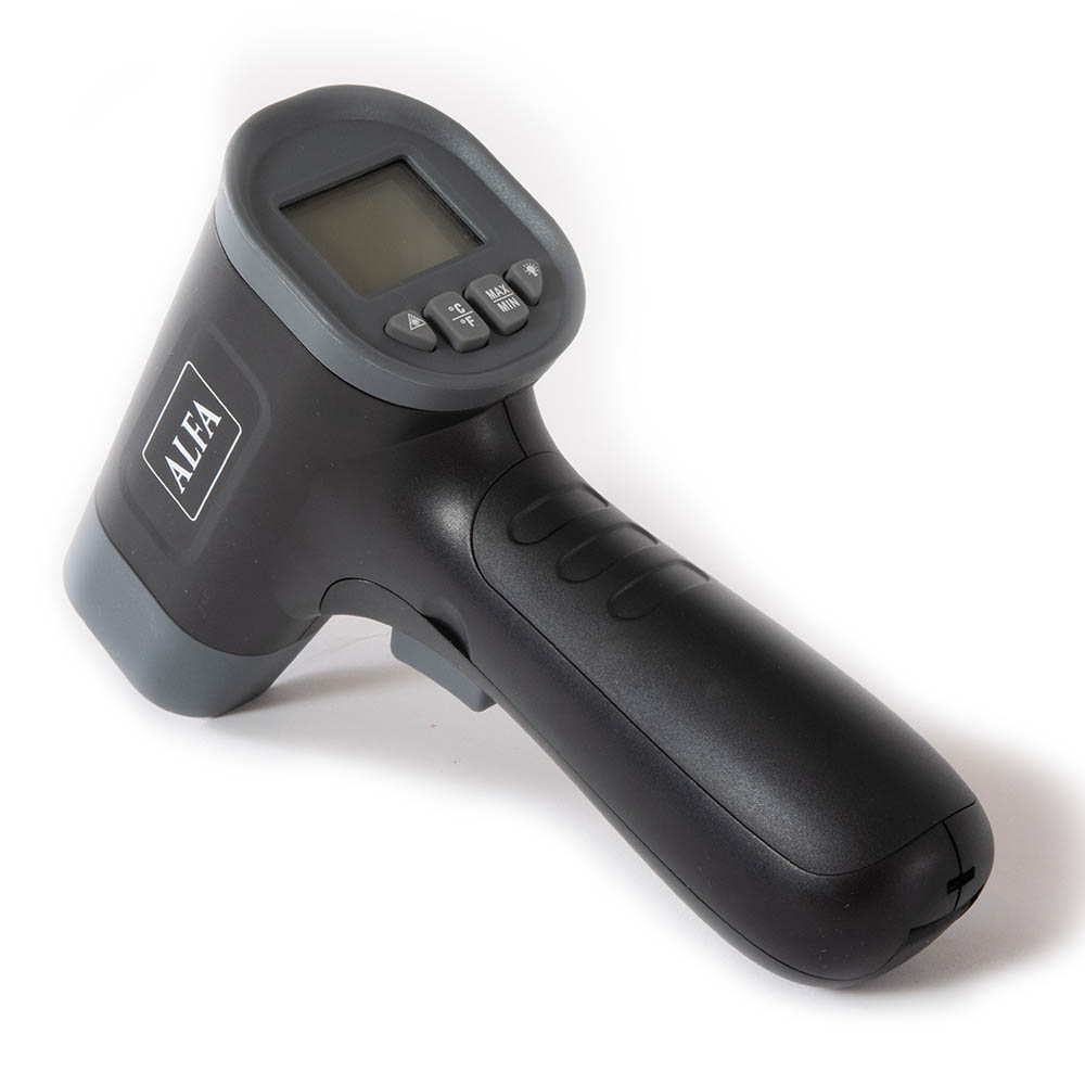 Handheld black laser thermometer with LCD screen and control buttons