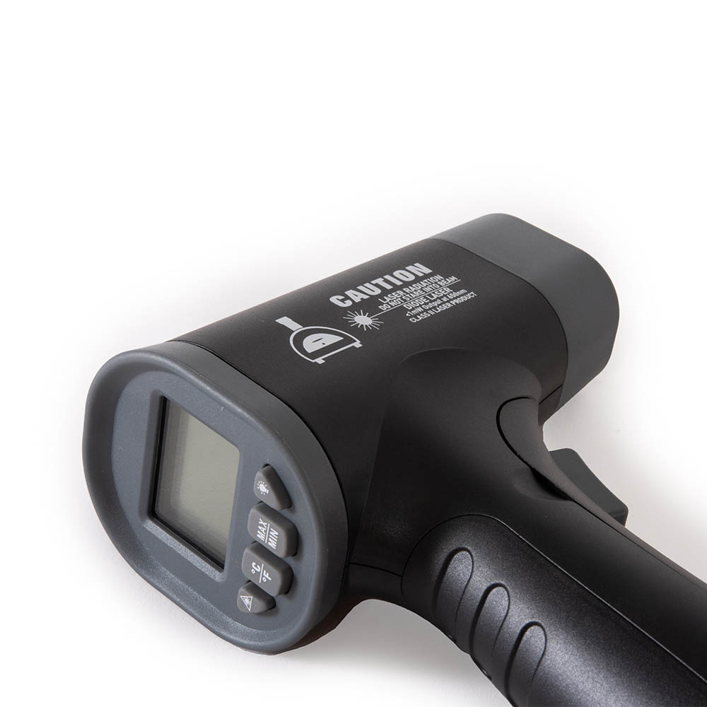 Handheld laser thermometer head with LCD display and side buttons