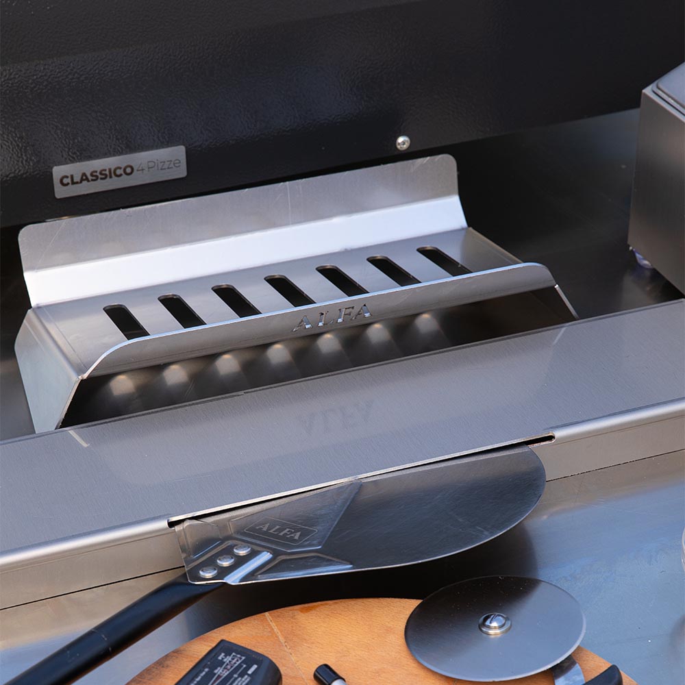 Alfa pizza oven hybrid burner tray with slotted metal grate and control label