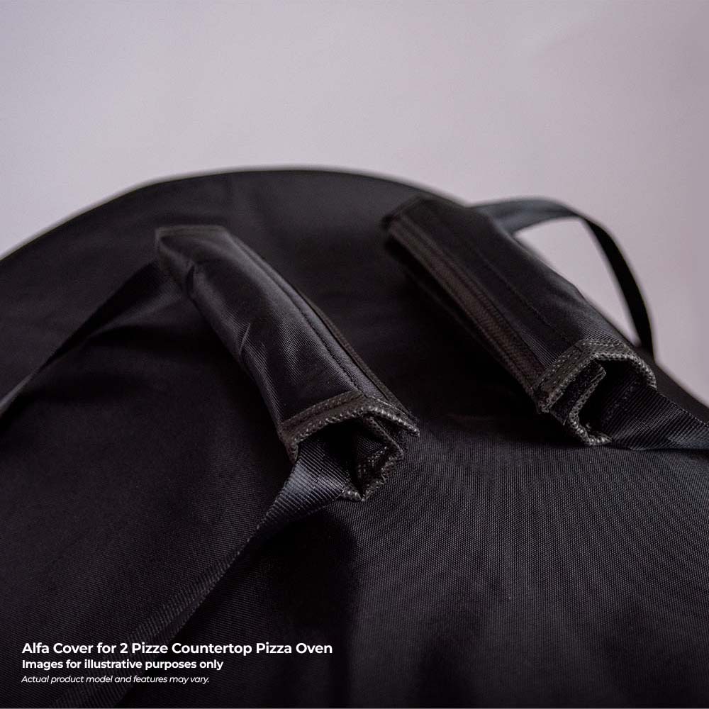 Pizza oven cover for countertop pizza oven, black fabric with strap and zipper details