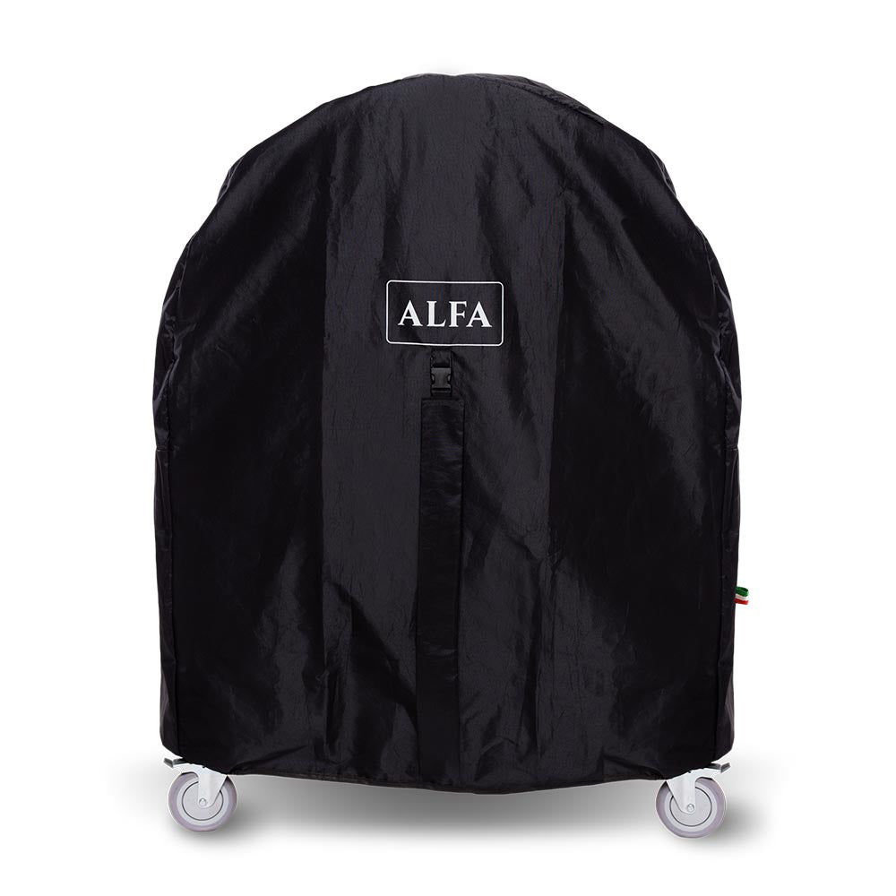 Black Alfa pizza oven cover with ALFA logo and door-like front panel