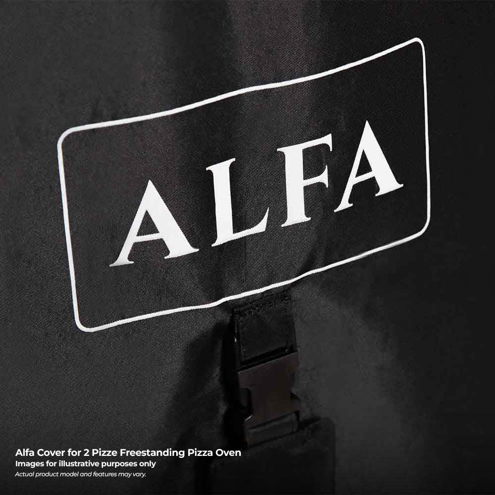 Black pizza oven cover with ALFA logo patch centered