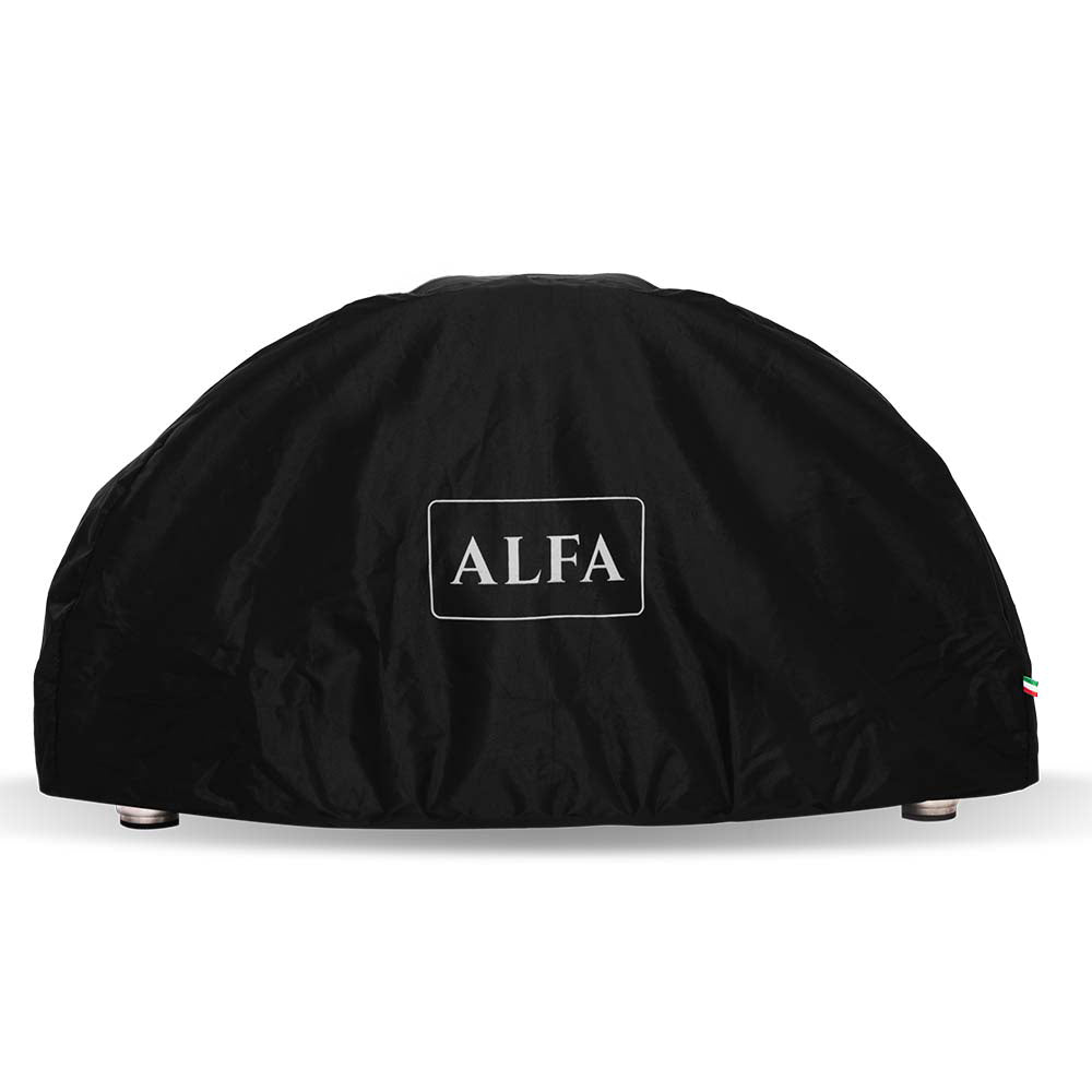 Black Alfa pizza oven cover for two, dome shape with white Alfa logo