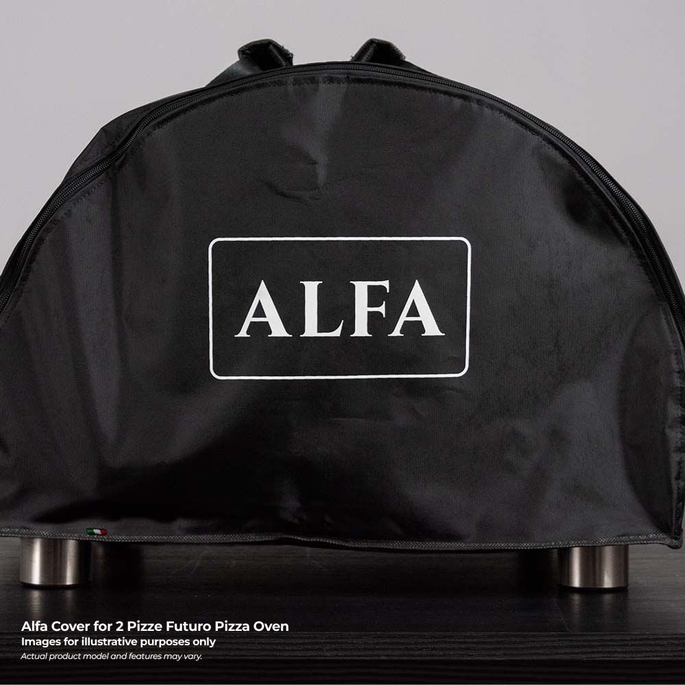 Black Alfa pizza oven cover for two with centered white Alfa logo panel