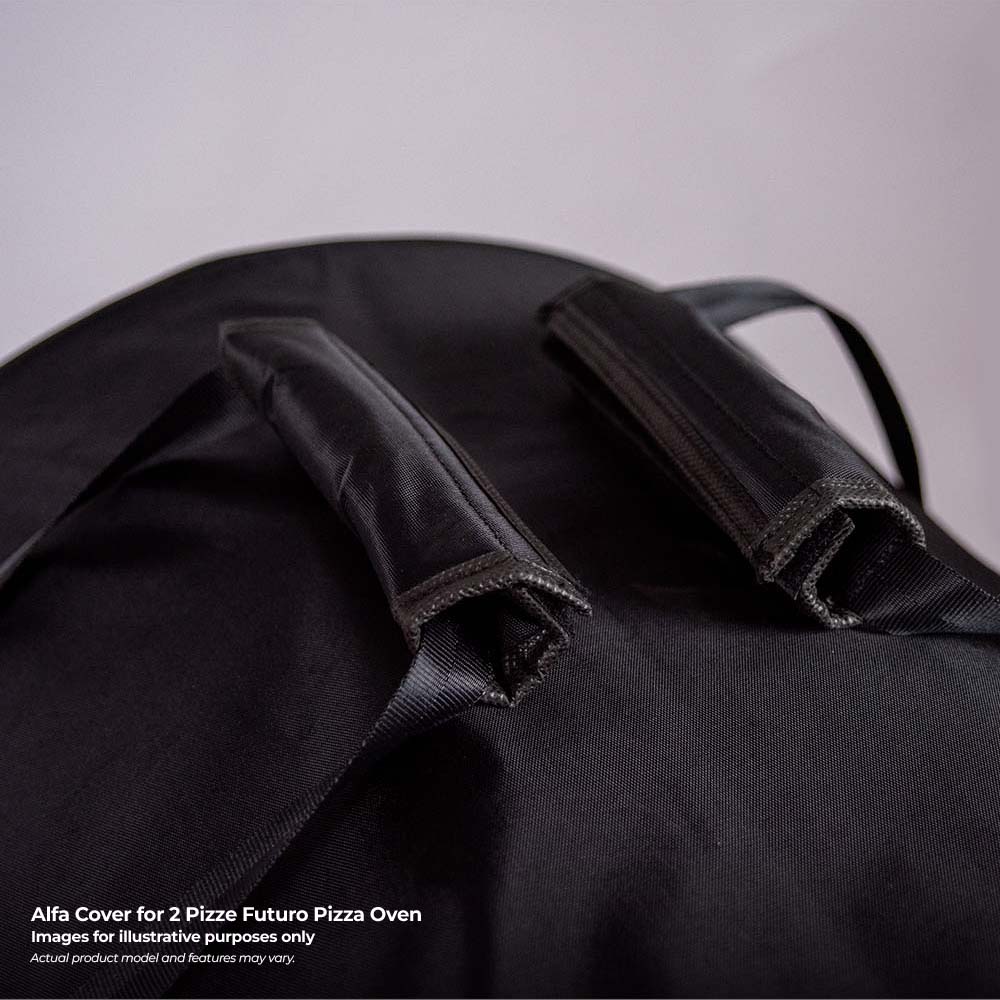 Black pizza oven cover with heavy webbing carry handle and strap detail