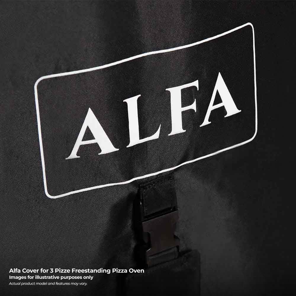 Black pizza oven cover with large ALFA logo on front panel