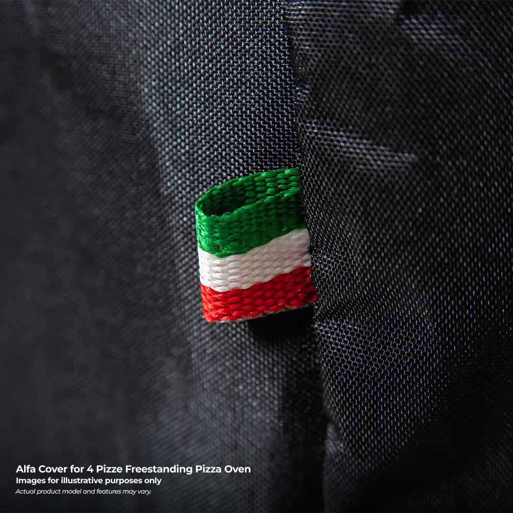 Italian flag ribbon tab on black pizza oven cover, corner seam detail