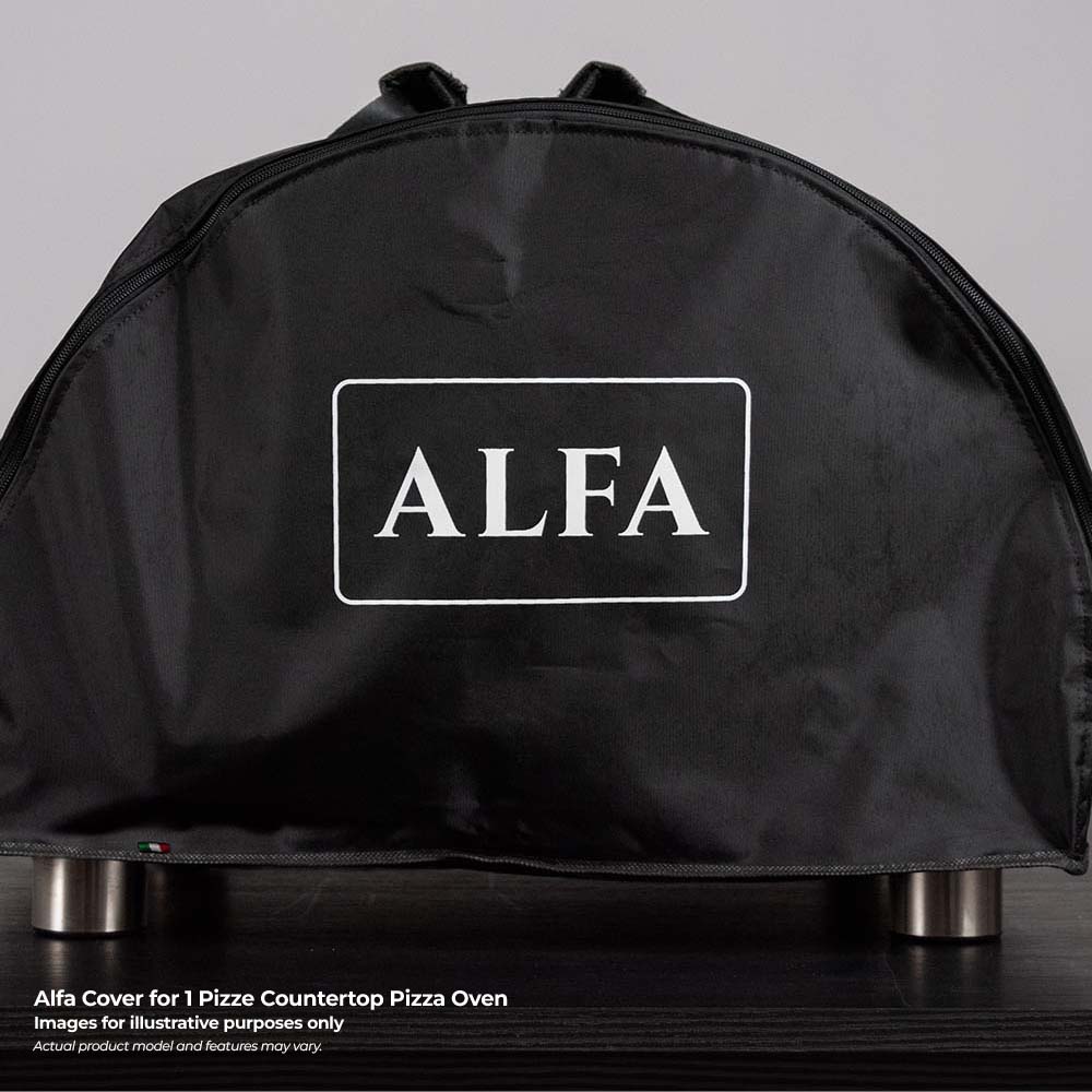 Black domed pizza oven cover with ALFA logo and corner feet