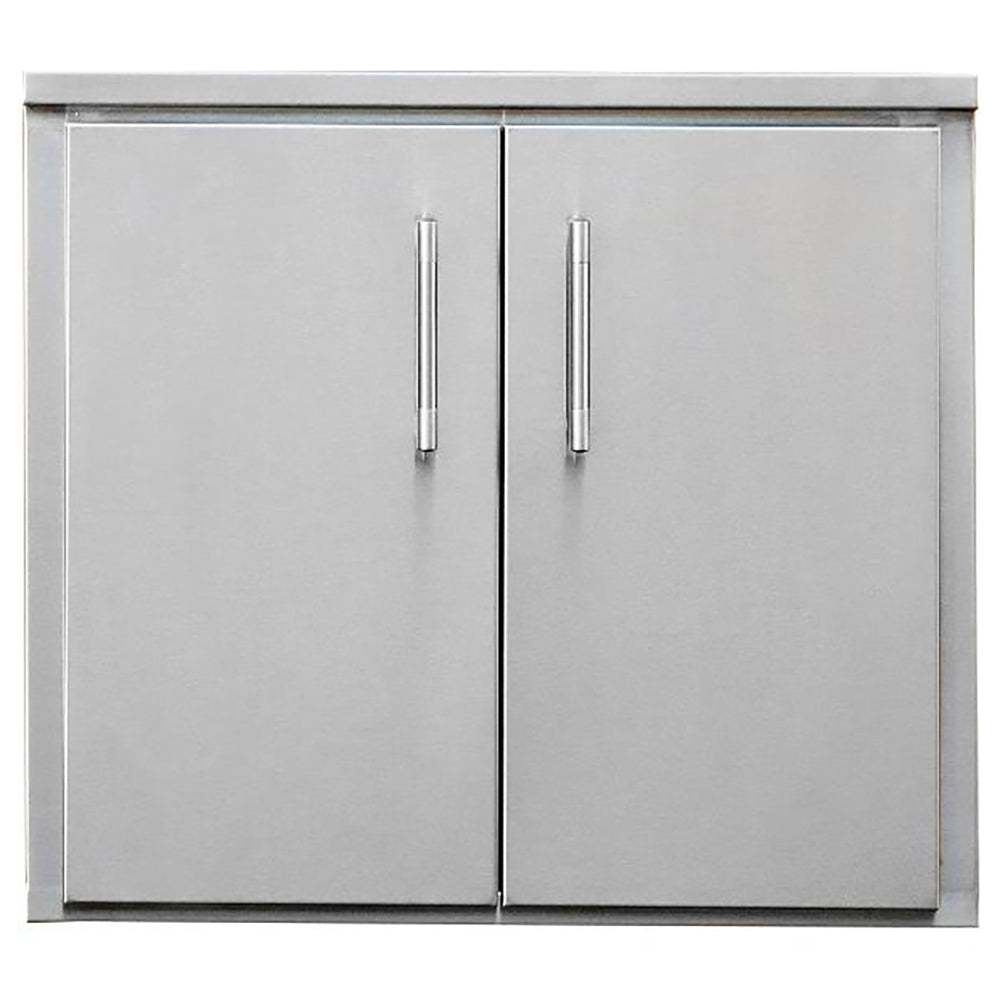 Stainless steel double access doors with two hinged panels and vertical pull handles