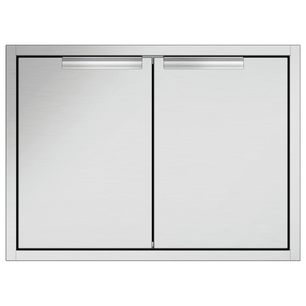 Double access doors with two hinged panels and brushed metal finish
