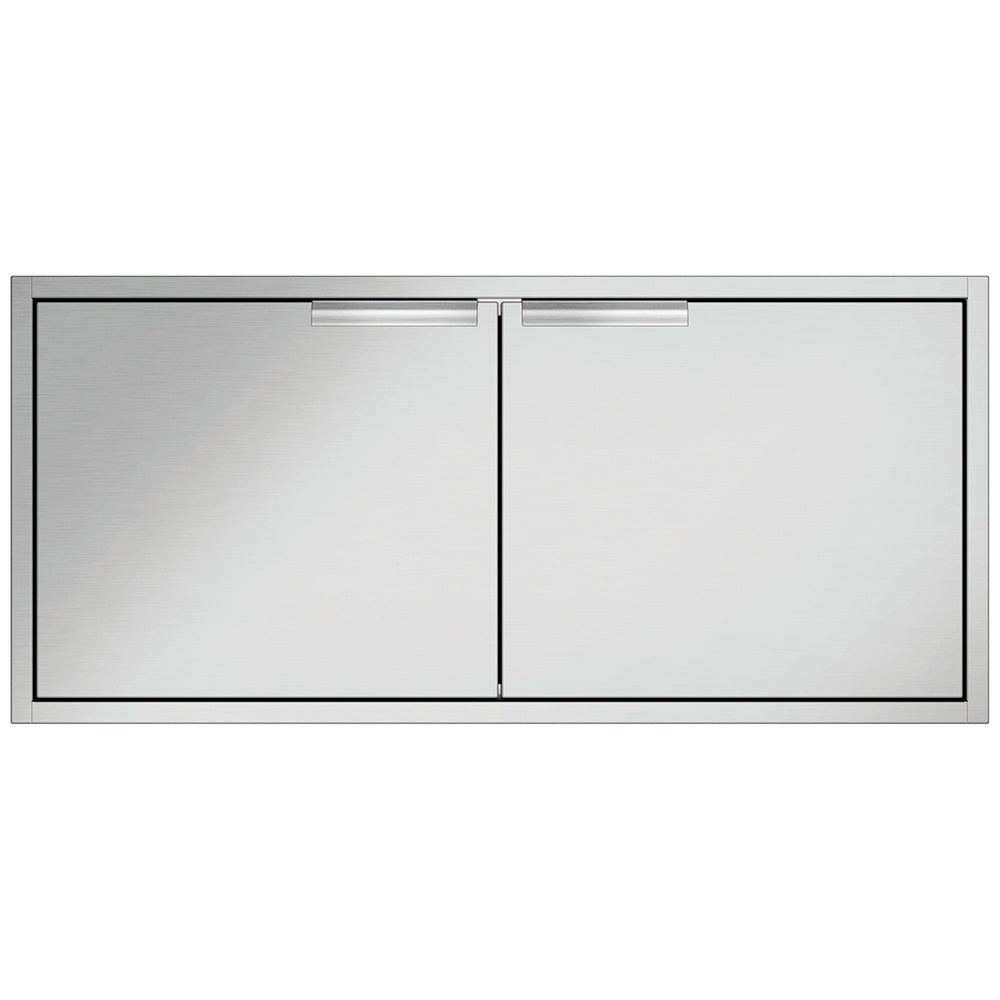 Metal double access doors with frame, two panels, brushed gray finish.