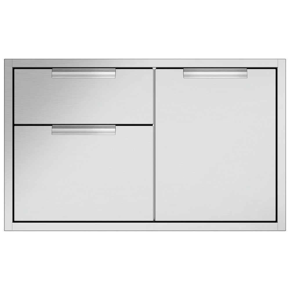 Metal outdoor storage cabinet with two drawers and two-panel double-door access