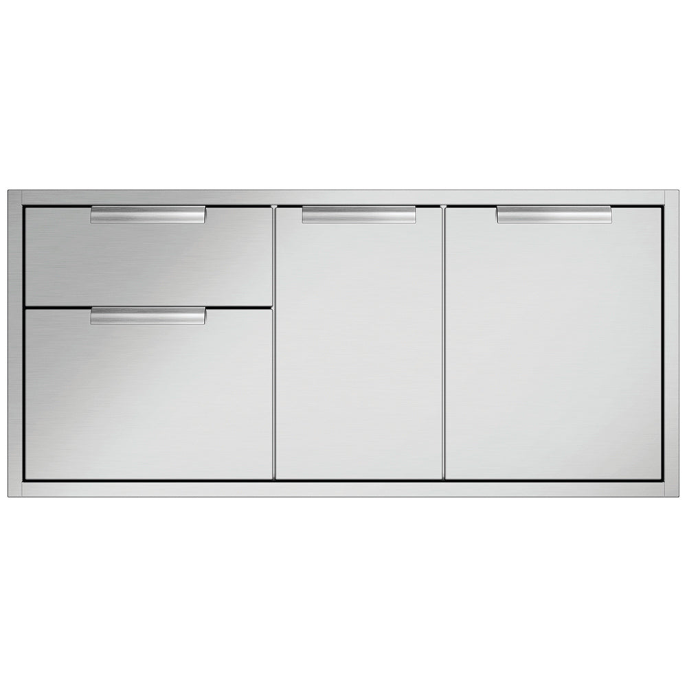 Outdoor propane tank storage cabinet with three panel doors and two drawers, stainless steel