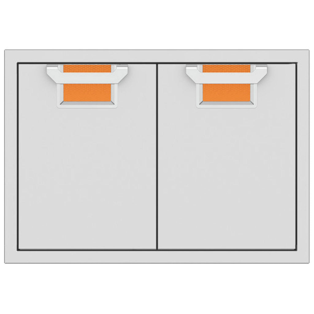 Double access doors with two cabinet panels and orange recessed mesh openings