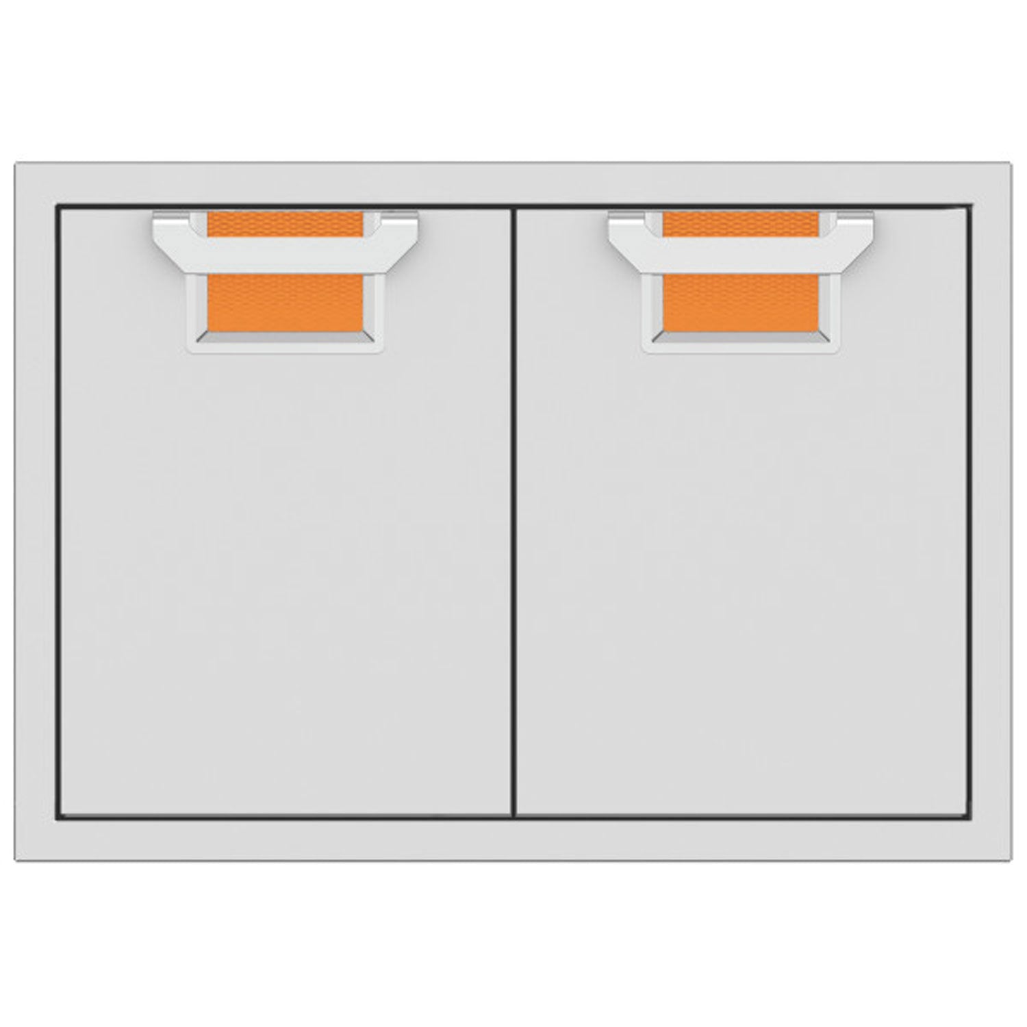 Double access doors with two cabinet panels and orange recessed mesh openings