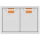 Double access doors with two cabinet panels and orange recessed mesh openings