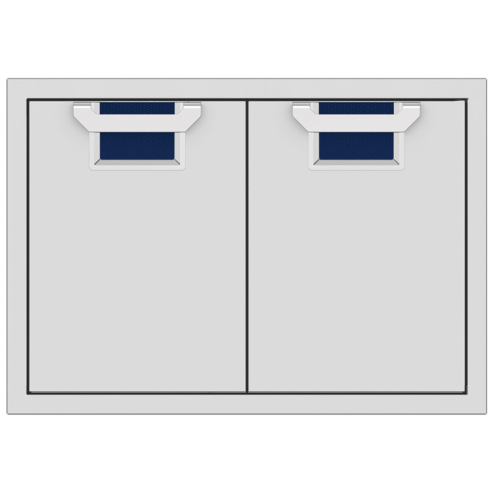 Double access doors with two cabinet panels and dark blue recessed mesh openings