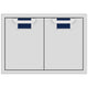 Double access doors with two cabinet panels and dark blue recessed mesh openings