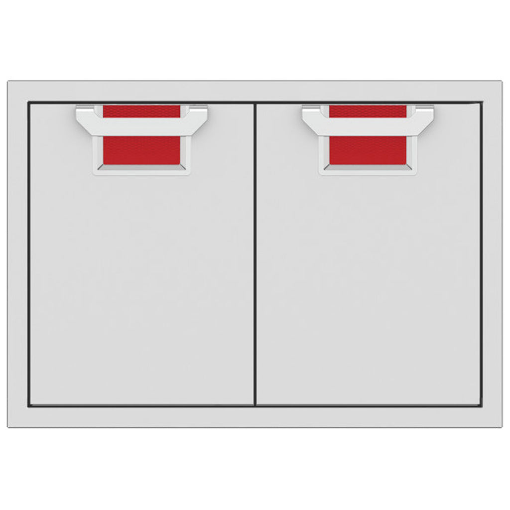 Double access doors with two cabinet panels and red recessed mesh openings
