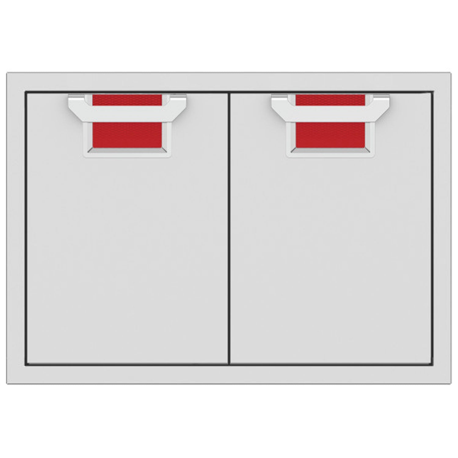 Double access doors with two cabinet panels and red recessed mesh openings
