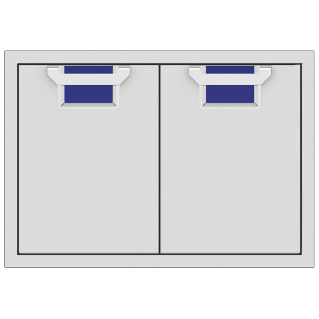 Double access doors with two cabinet panels and blue recessed mesh openings
