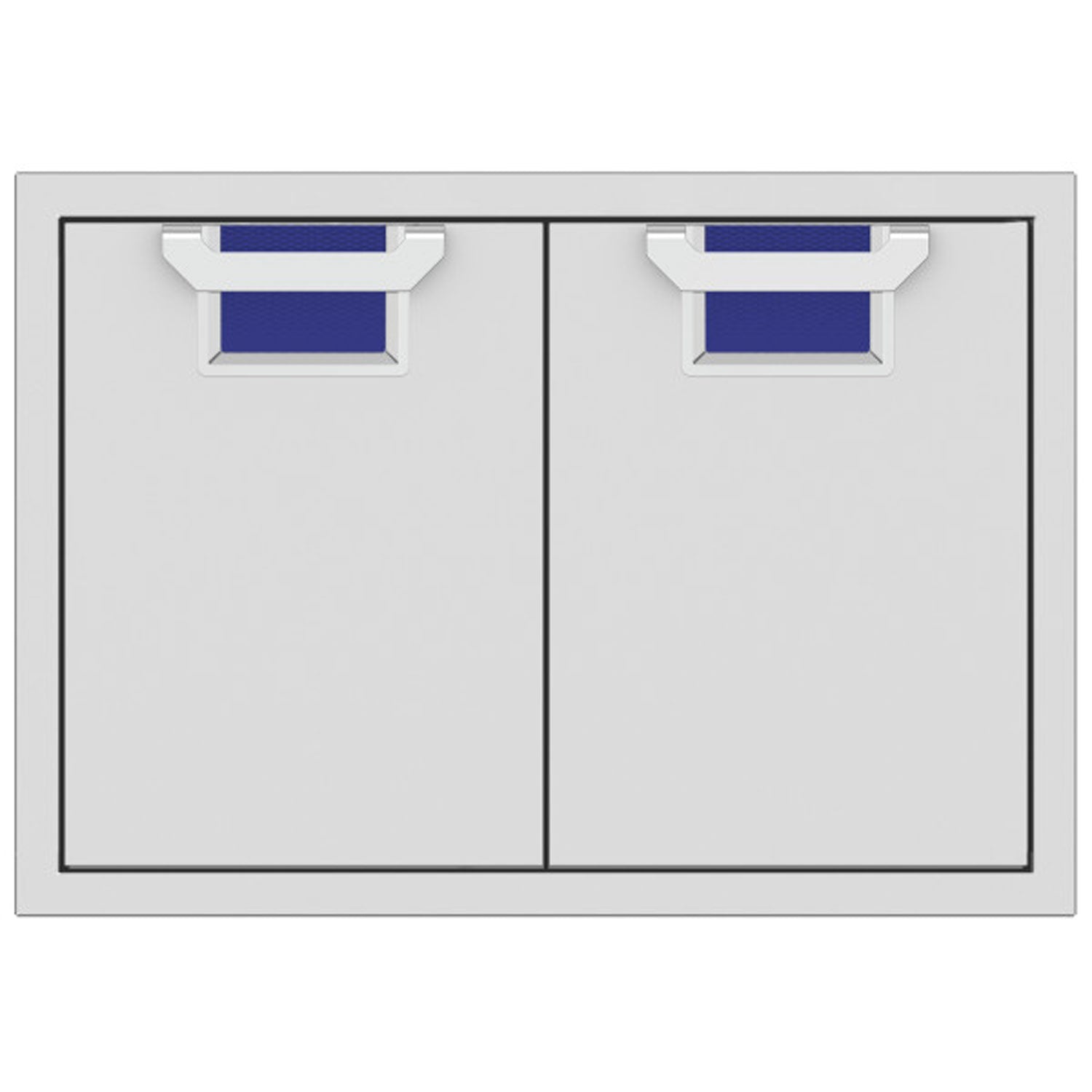 Double access doors with two cabinet panels and blue recessed mesh openings