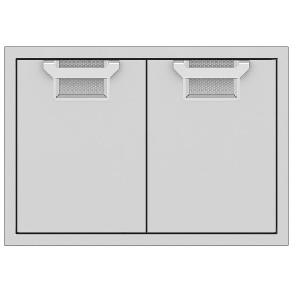 Double access doors with two cabinet panels and light gray recessed mesh openings