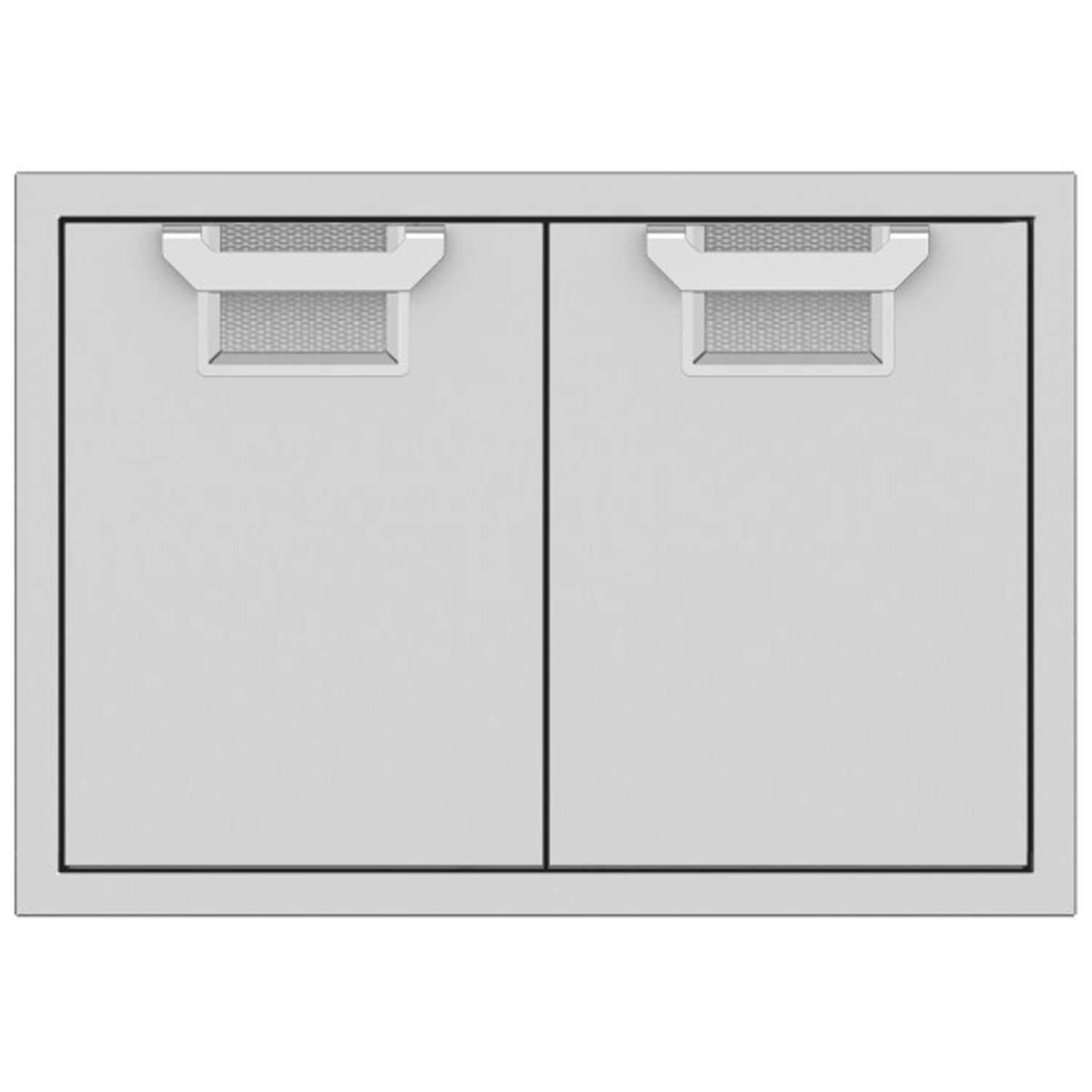 Double access doors with two cabinet panels and light gray recessed mesh openings
