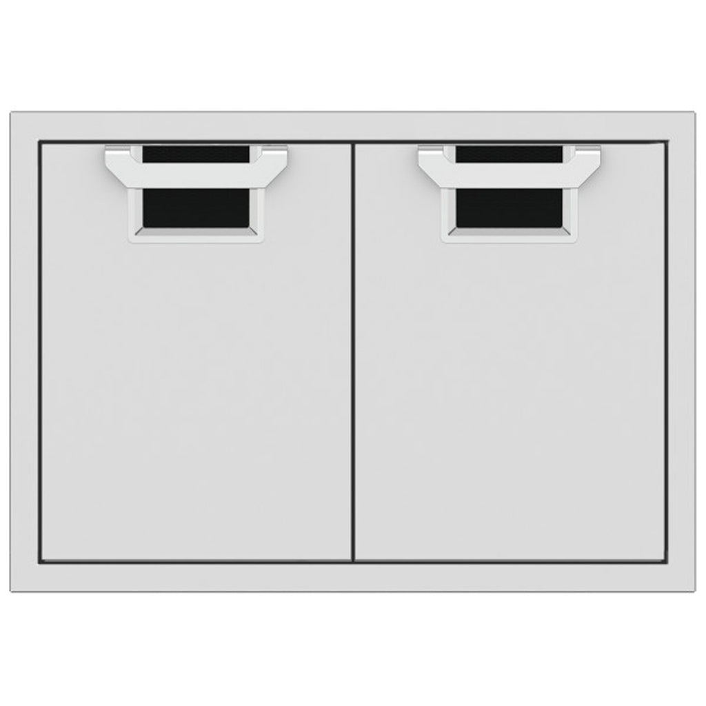 Double access doors with two cabinet panels and black recessed mesh openings