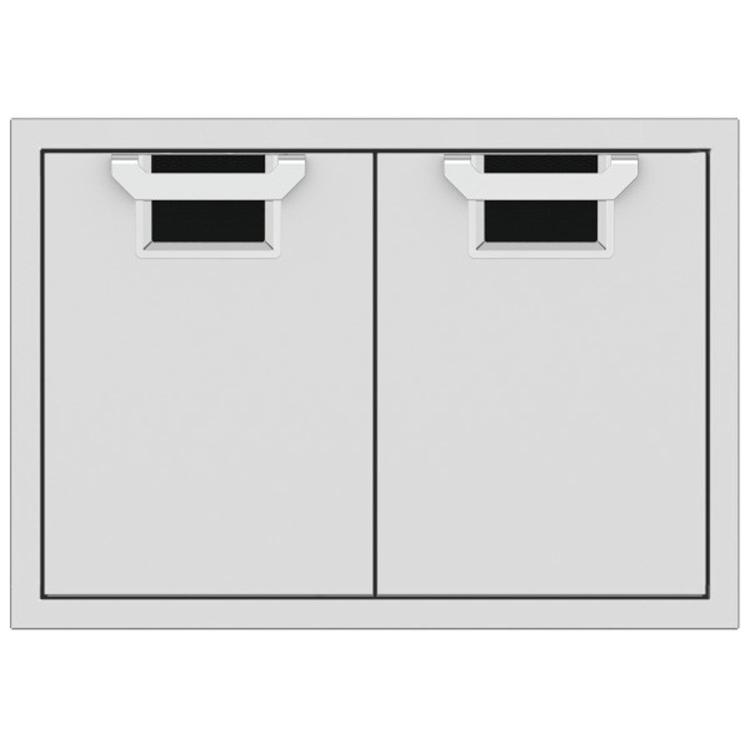 Double access doors with two cabinet panels and black recessed mesh openings
