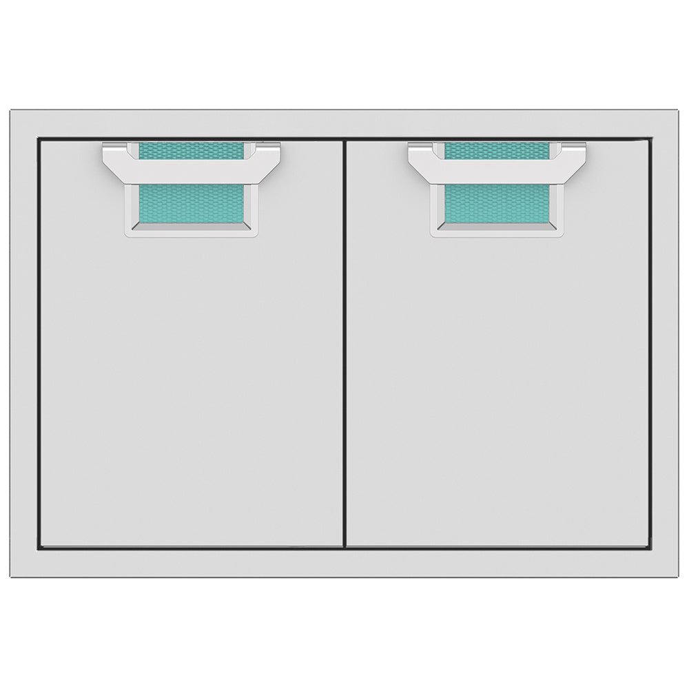 Double access doors with two cabinet panels and teal recessed mesh openings