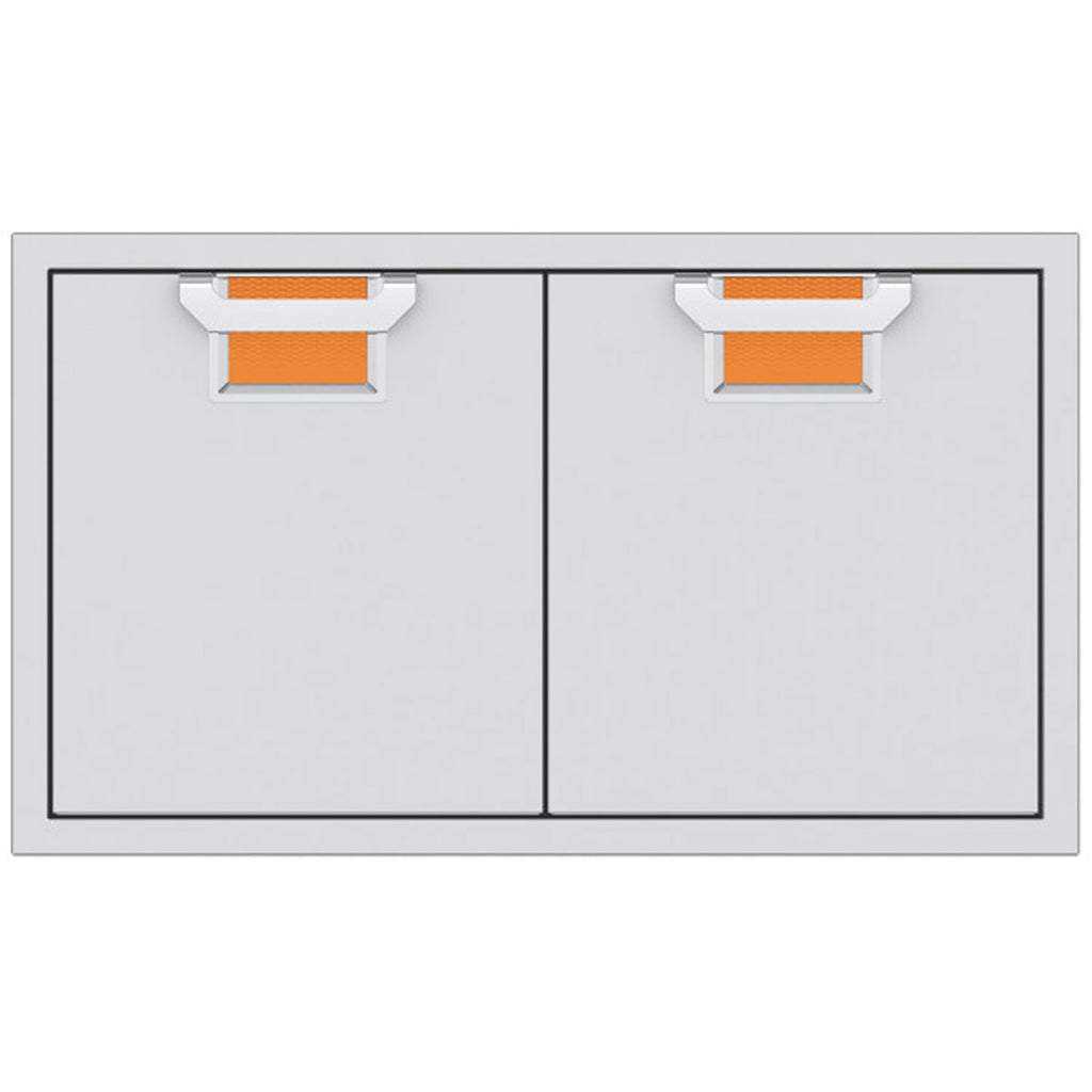 Double access doors with orange mesh vent grilles and split two-panel design