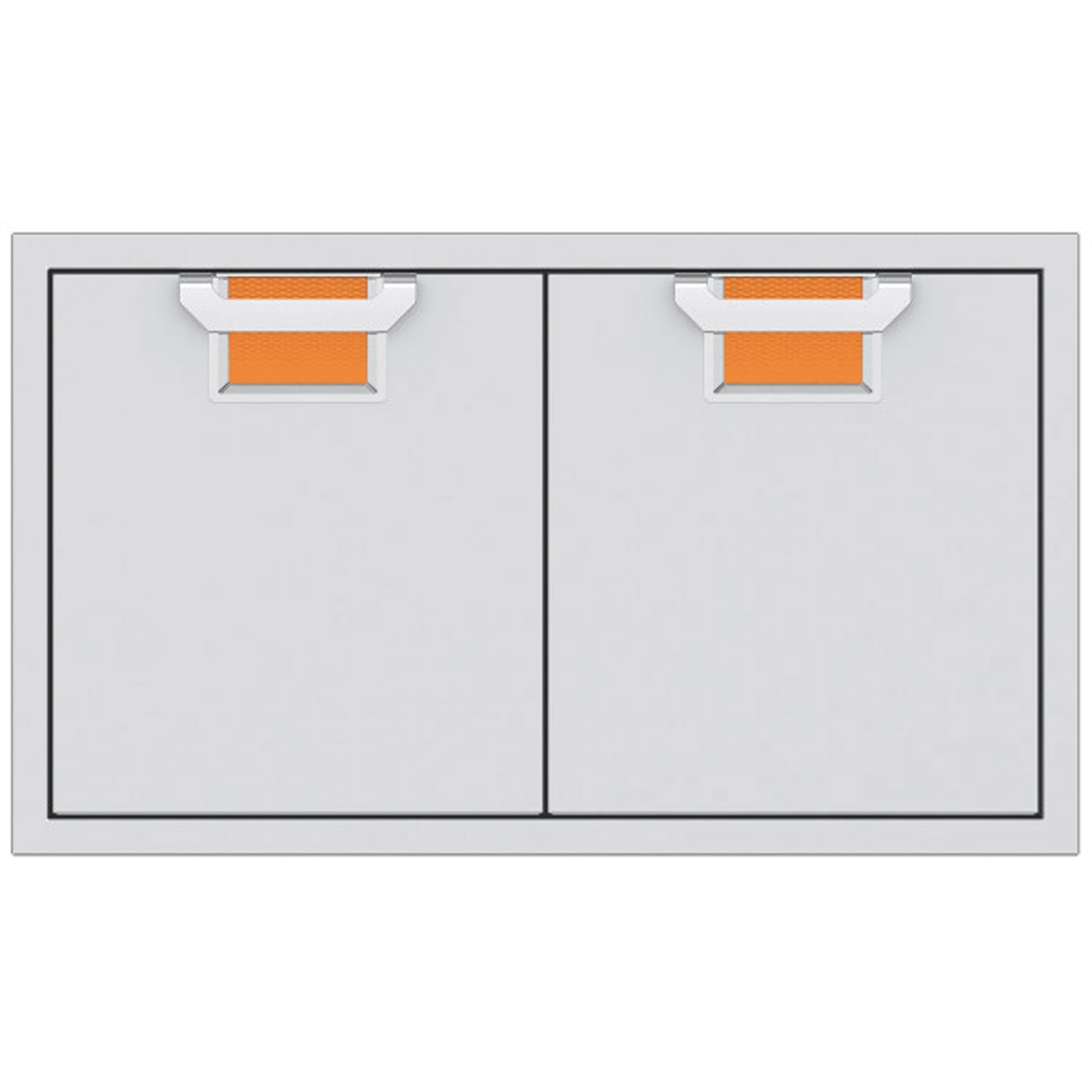 Double access doors with orange mesh vent grilles and split two-panel design