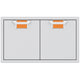 Double access doors with orange mesh vent grilles and split two-panel design